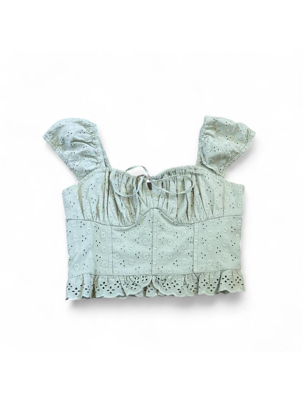 Hollister Sage Green Eyelet Embroidery Tie-Front Crop Top XS